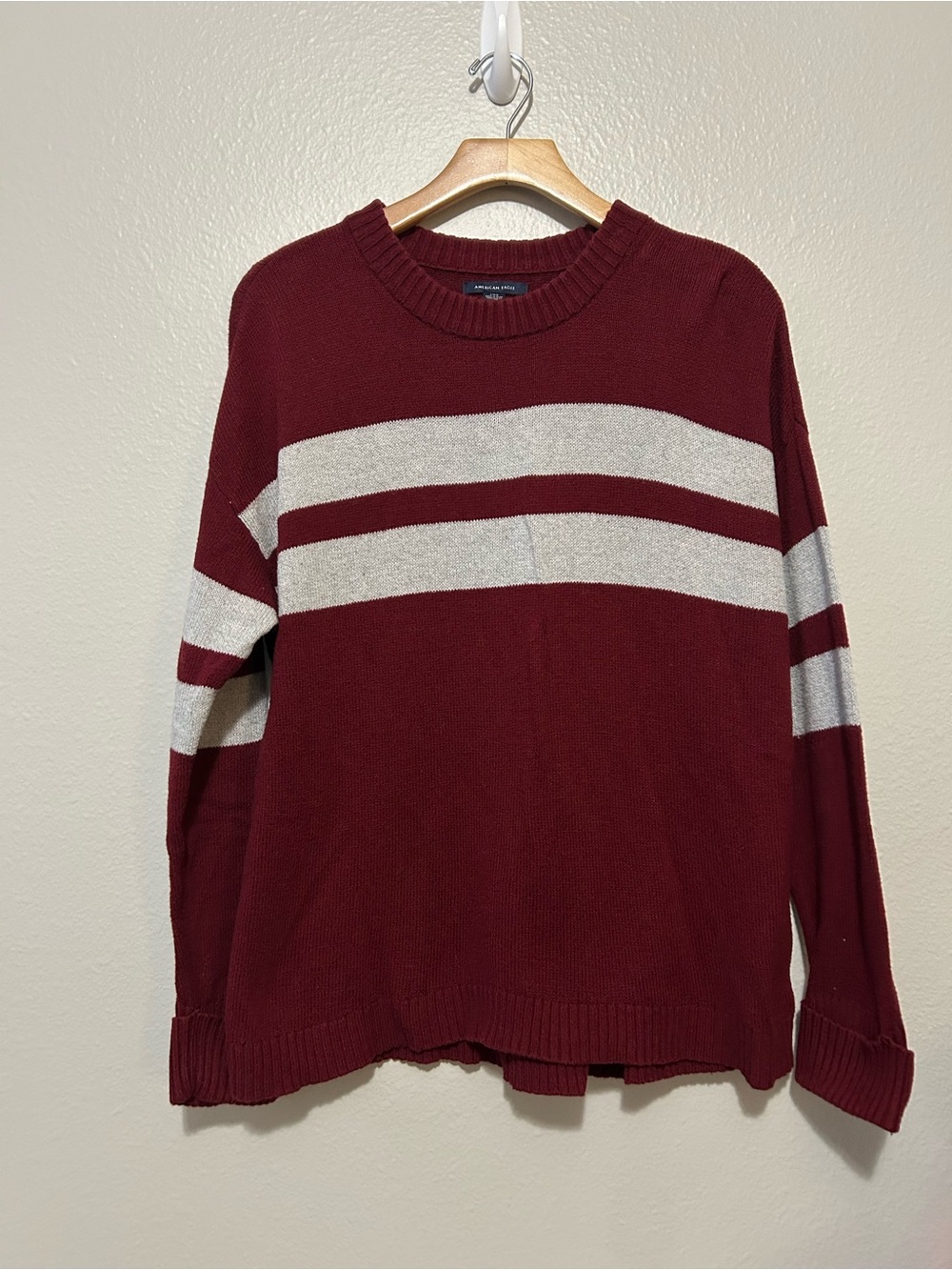 American Eagle - Women’s Maroon Crewneck Stripe Sweater, size L
